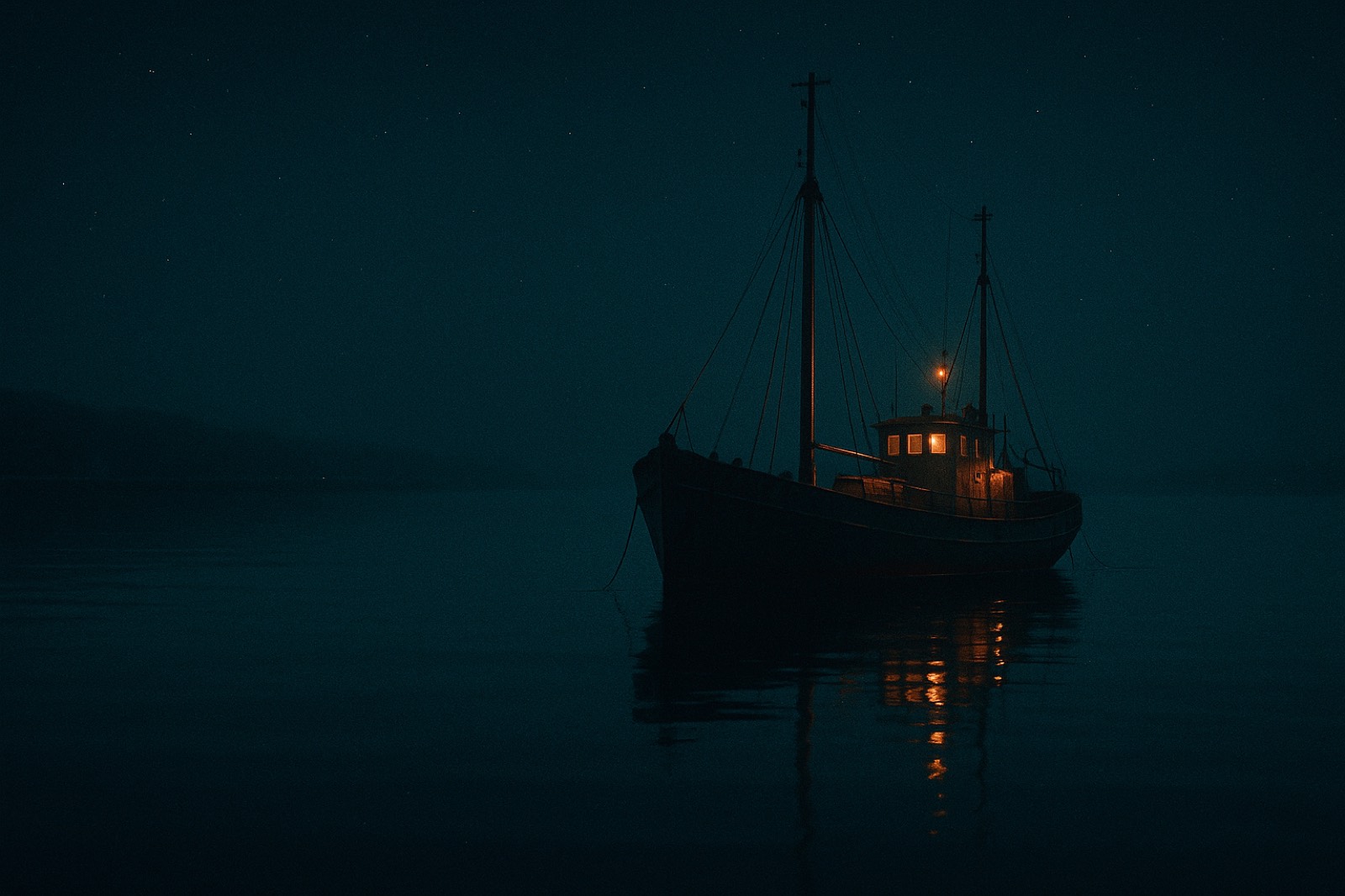 Ein einzelnes Schiff liegt still im dunklen Hafen